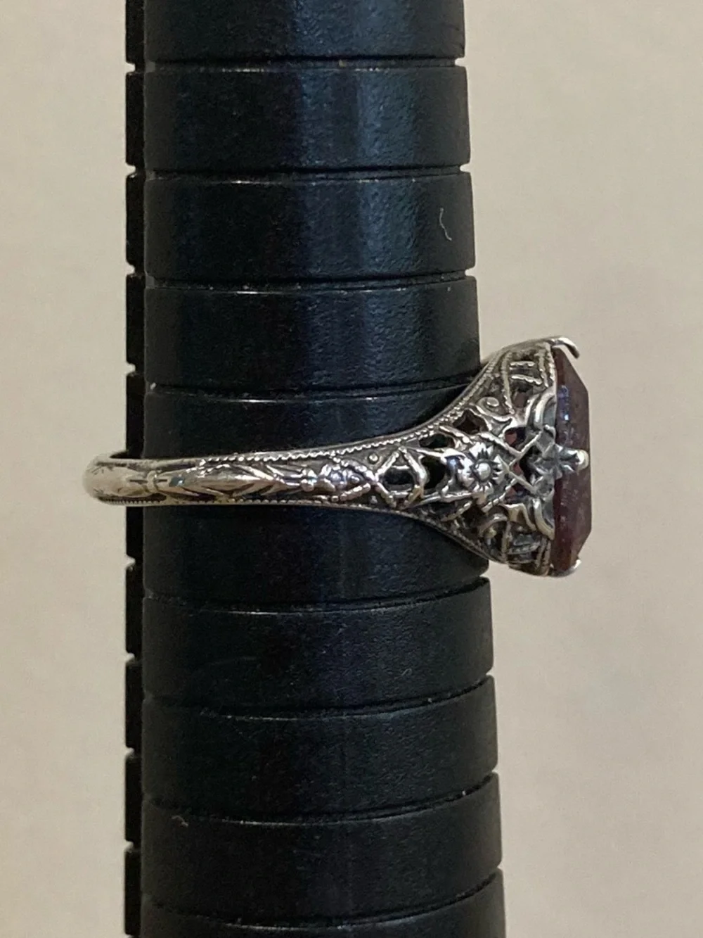 Sterling Silver Filigree Ring with Purple Stone - Size 7